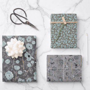 Poppies Blue Grey Grey Floral Pattern Wrapping Paper Sheet