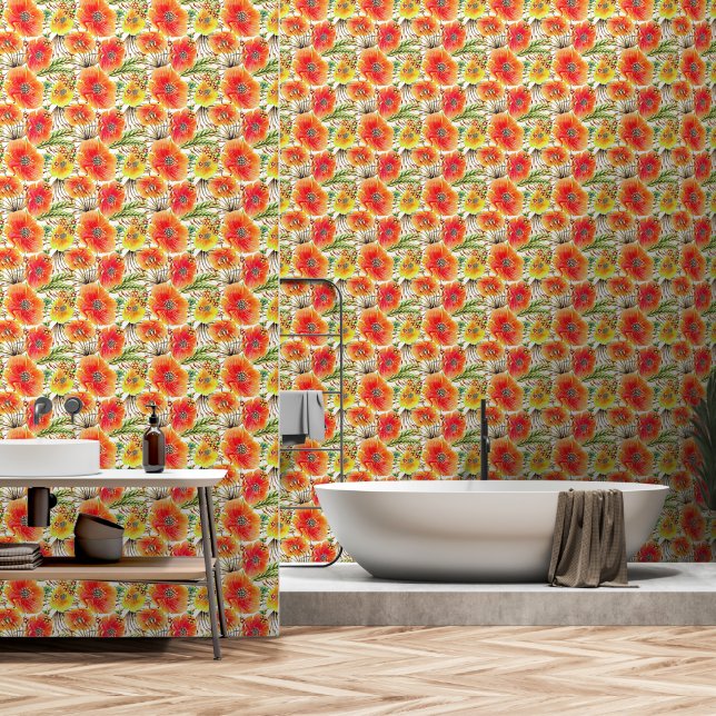 Poppies Bright Orange Yellow Green Wallpaper (Bathroom)