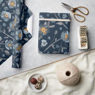 Poppies Charming Blue Grey Yellow Floral Wrapping Paper