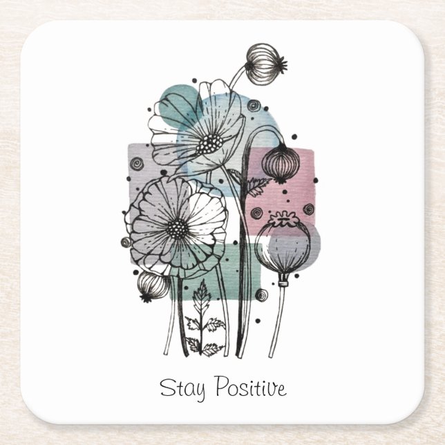 Poppies Doodle In Ink And Watercolor Square Paper Coaster (Front)