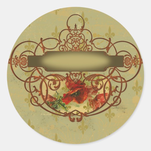 Poppies Fleur de Lis Victorian Style Classic Round Sticker (Front)