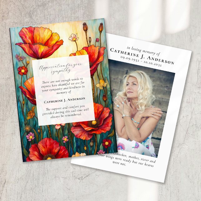 Poppies Floral Memorial Photo Sympathy Funeral Thank You Card (Creator Uploaded)