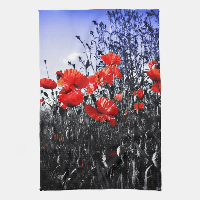 Poppies Floral poppy flower kitchen tea towel (Vertical)