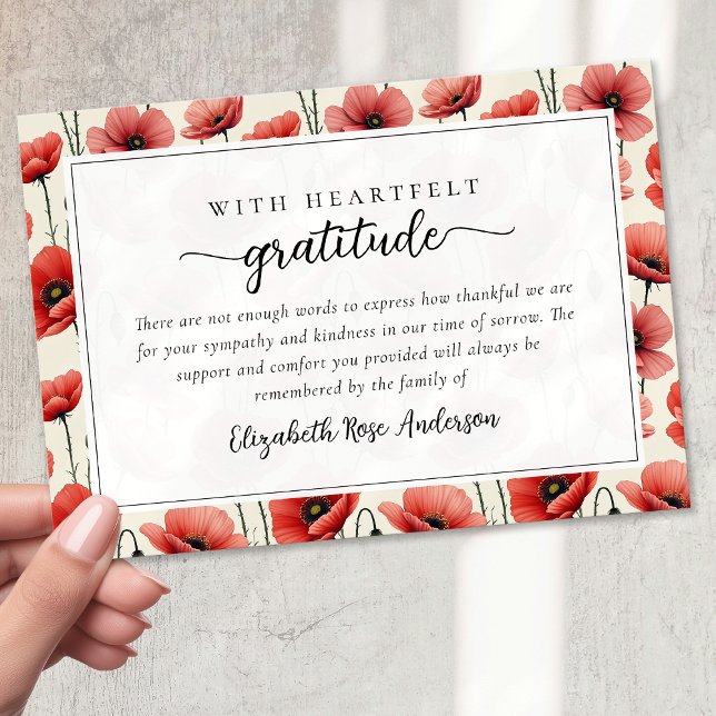 Poppies Floral Script Sympathy Funeral Thank You Card (Creator Uploaded)