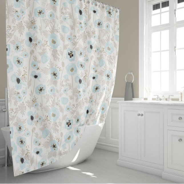 Poppies Floral Shower Curtain (Light Blue Tan Watercolor Floral Pattern Poppies Shower Curtain from Studio Posies.)