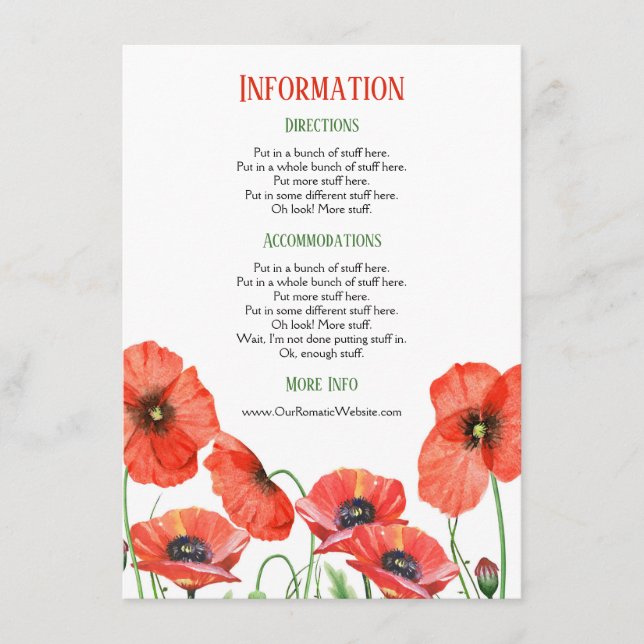 Poppies Floral Wedding Information Details Enclosure Card (Front)