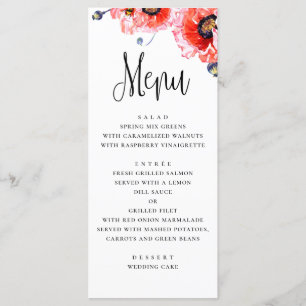 Poppies flowers. Watercolor red floral wedding Menu