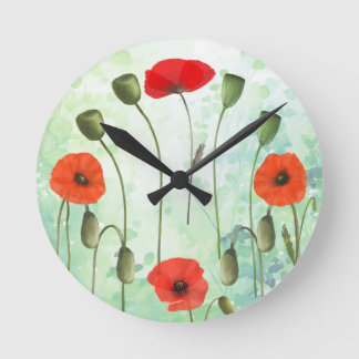 Poppies & greenery round wall clock