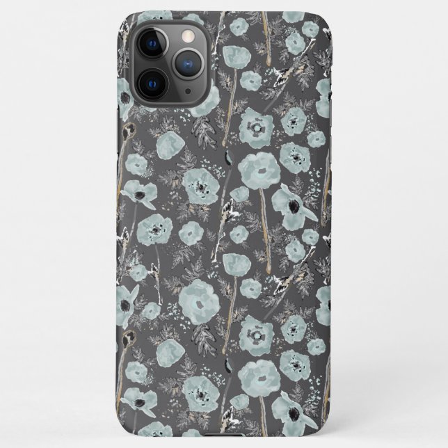 Poppies Grey Blue Black Watercolor Flowers iPhone Case (Back)
