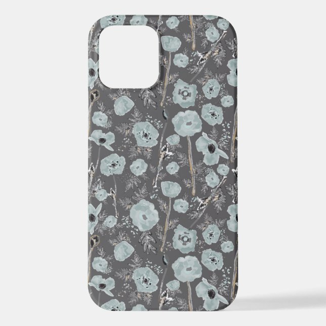 Poppies Grey Blue Black Watercolor Flowers iPhone  Case (Back)