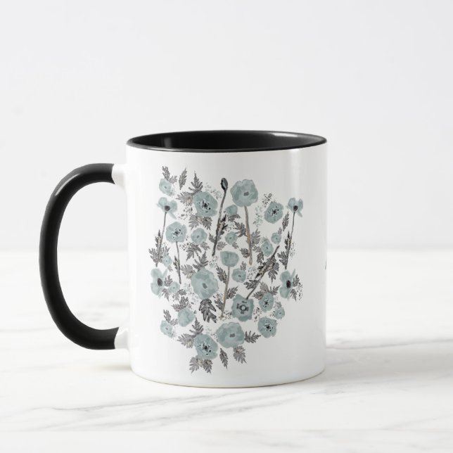 Poppies Grey Blue Watercolor Flowers With Name Mug (Left)