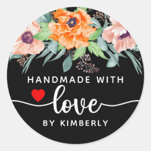 Poppies Handmade with Love Black Classic Round Sticker