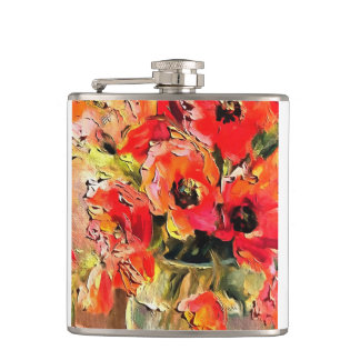 Poppies In A Glass Vase Black Outline Art Hip Flask