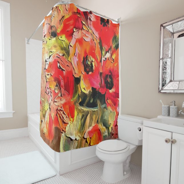 Poppies In A Glass Vase Black Outline Art Shower Curtain (In Situ)