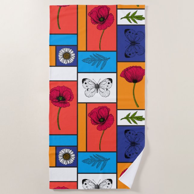 Poppies in colourful boxes beach towel (Front)