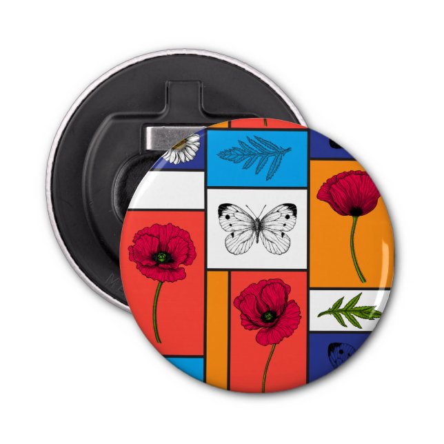 Poppies in colourful boxes bottle opener (Front)