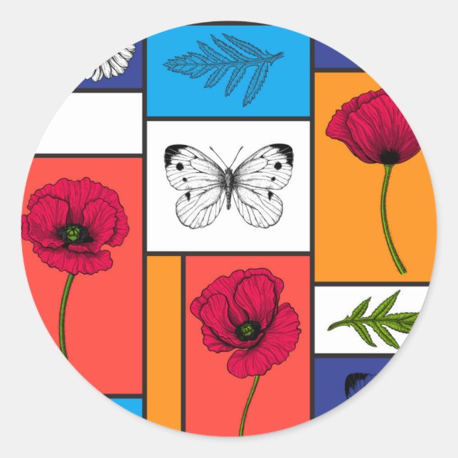 Poppies in colourful boxes classic round sticker (Front)