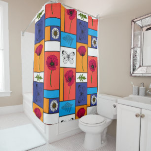 Poppies in colourful boxes shower curtain