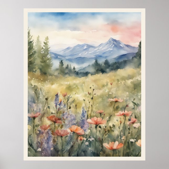 Poppies In The Field Mountains Natural Scene Poster (Front)