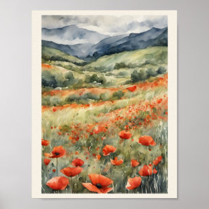 Poppies In The Field Natural Scene Watercolor Poster