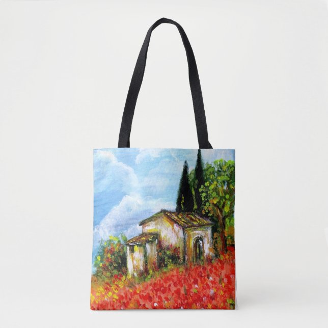 POPPIES IN TUSCANY LANDSCAPE Red Flower Fields Tote Bag (Front)