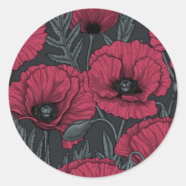 Poppies in Viva Magenta  Classic Round Sticker (Front)