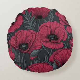 Poppies in Viva Magenta  Round Cushion