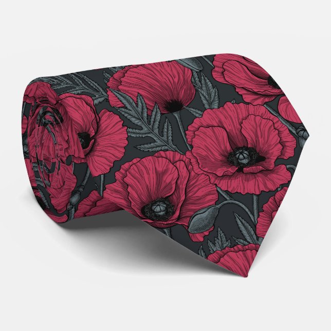 Poppies in Viva Magenta  Tie (Rolled)