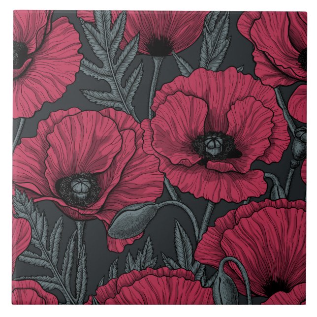 Poppies in Viva Magenta  Tile (Front)