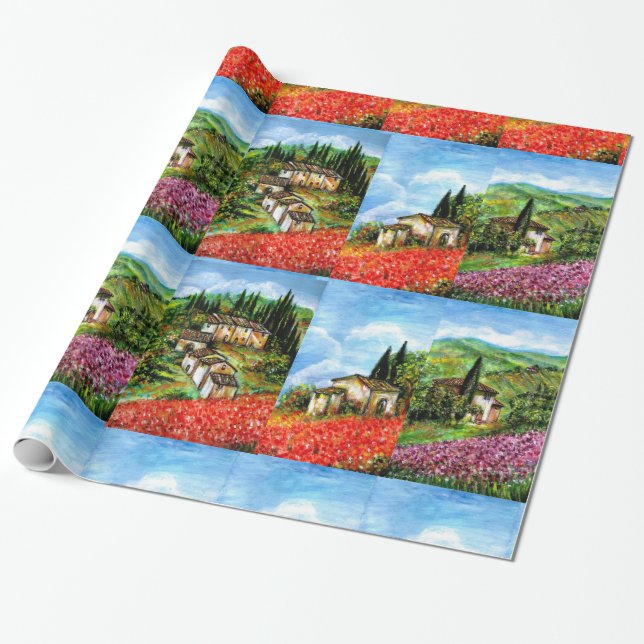 POPPIES, IRISES, ANTIQUE RUSTIC VILLAGE IN TUSCANY WRAPPING PAPER (Unrolled)
