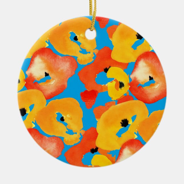 Poppies large flower art red orange ceramic tree decoration (Front)