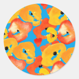 Poppies large flower art red orange classic round sticker