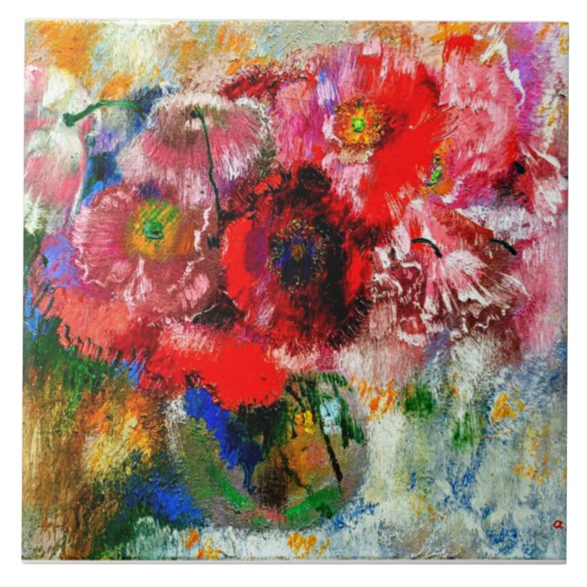 Poppies on Grey Background, Floral painting Tile (Front)