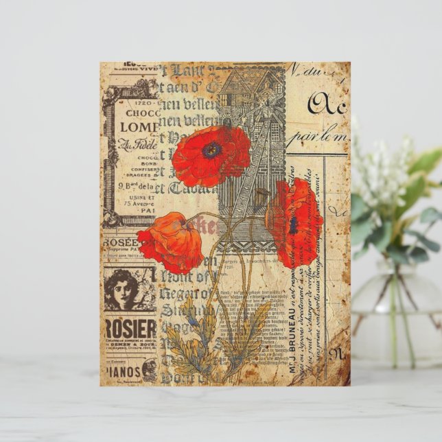 Poppies on newspaper junk journal scrapbook paper (Standing Front)
