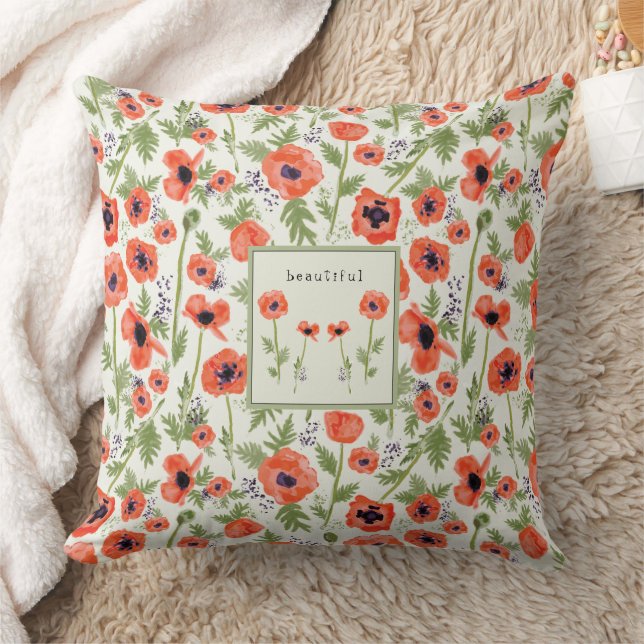 Poppies Orange Watercolor Floral Pattern Cushion (Blanket)