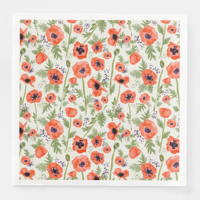 Poppies Orange Watercolor Floral Pattern Napkin (Front)