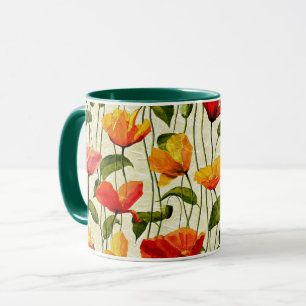 Poppies pattern, red and yellow,  mug