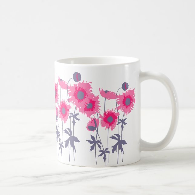 Poppies pink and grey graphic art floral mug (Right)