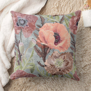 Poppies pink floral vintage grey background stylis cushion