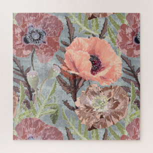 Poppies pink floral vintage grey background stylis jigsaw puzzle