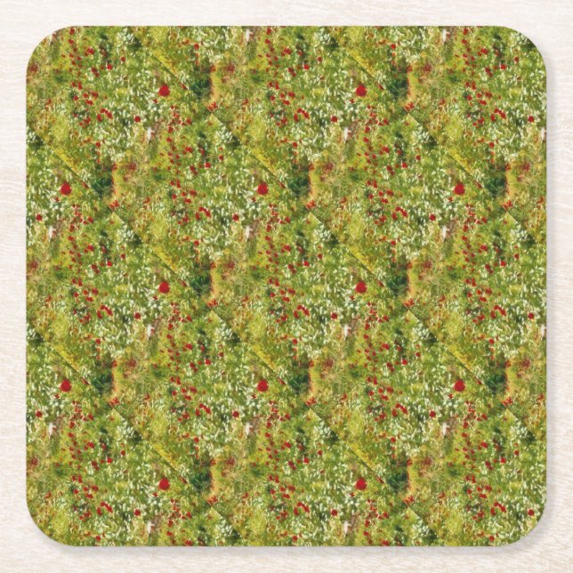 Poppies Pointillism Style Abstract Art Square Paper Coaster (Front)