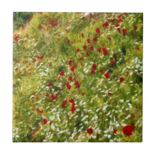 Poppies Pointillism Style Abstract Art Tile