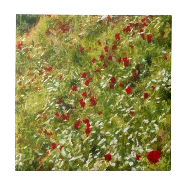 Poppies Pointillism Style Abstract Art Tile (Front)