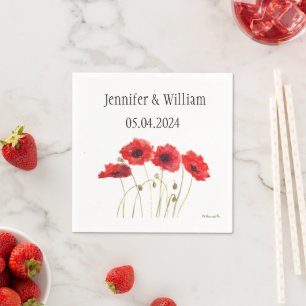 Poppies Poppy flower watercolor Red Rustic Wedding Napkin