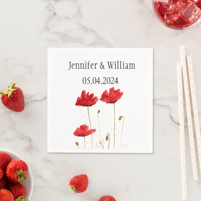 Poppies Poppy flower watercolor Red Rustic Wedding Napkin (Insitu)