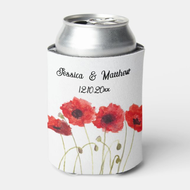 Poppies Poppy Red floral Watercolor Weddings Can Cooler (Can Front)