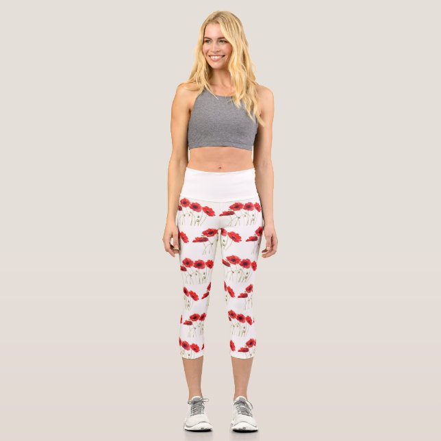 Poppies Poppy red flowers floral wildflowers Capri Leggings (Front)