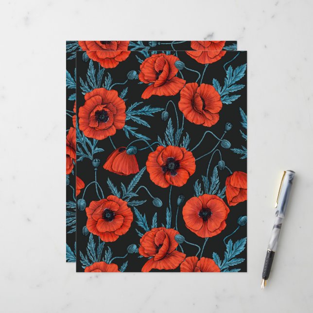 Poppies, red and blue on black (Front/Back In Situ)
