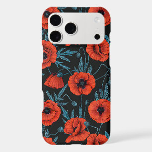 Poppies, red and blue on black