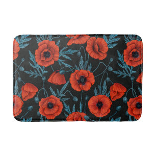 Poppies, red and blue on black bath mat